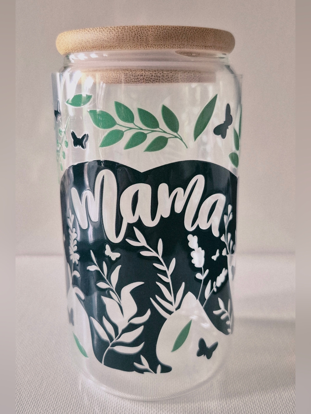 'Mama' Bear Green Leaf 16oz Glass Tumbler Made To Order Lid & Straw NEW